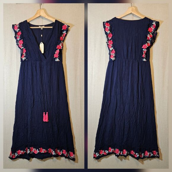 Sophie Max Navy Blue Midi Dress Red Floral Embroidery Tassels Womens Medium - Picture 1 of 10